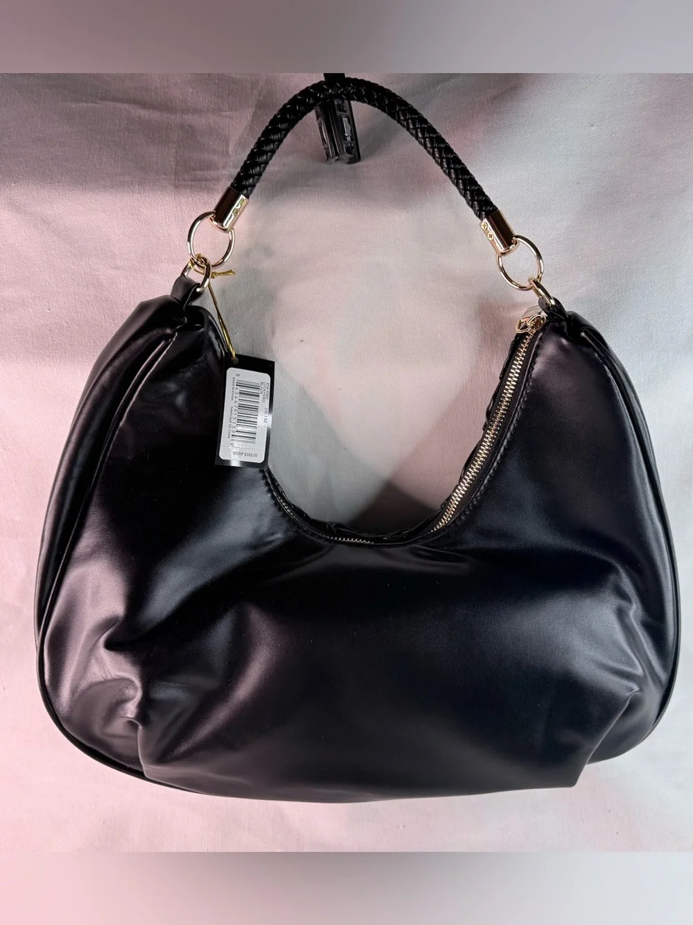 bebe Black Woven Hobo Shoulder Bag with Braided Handle